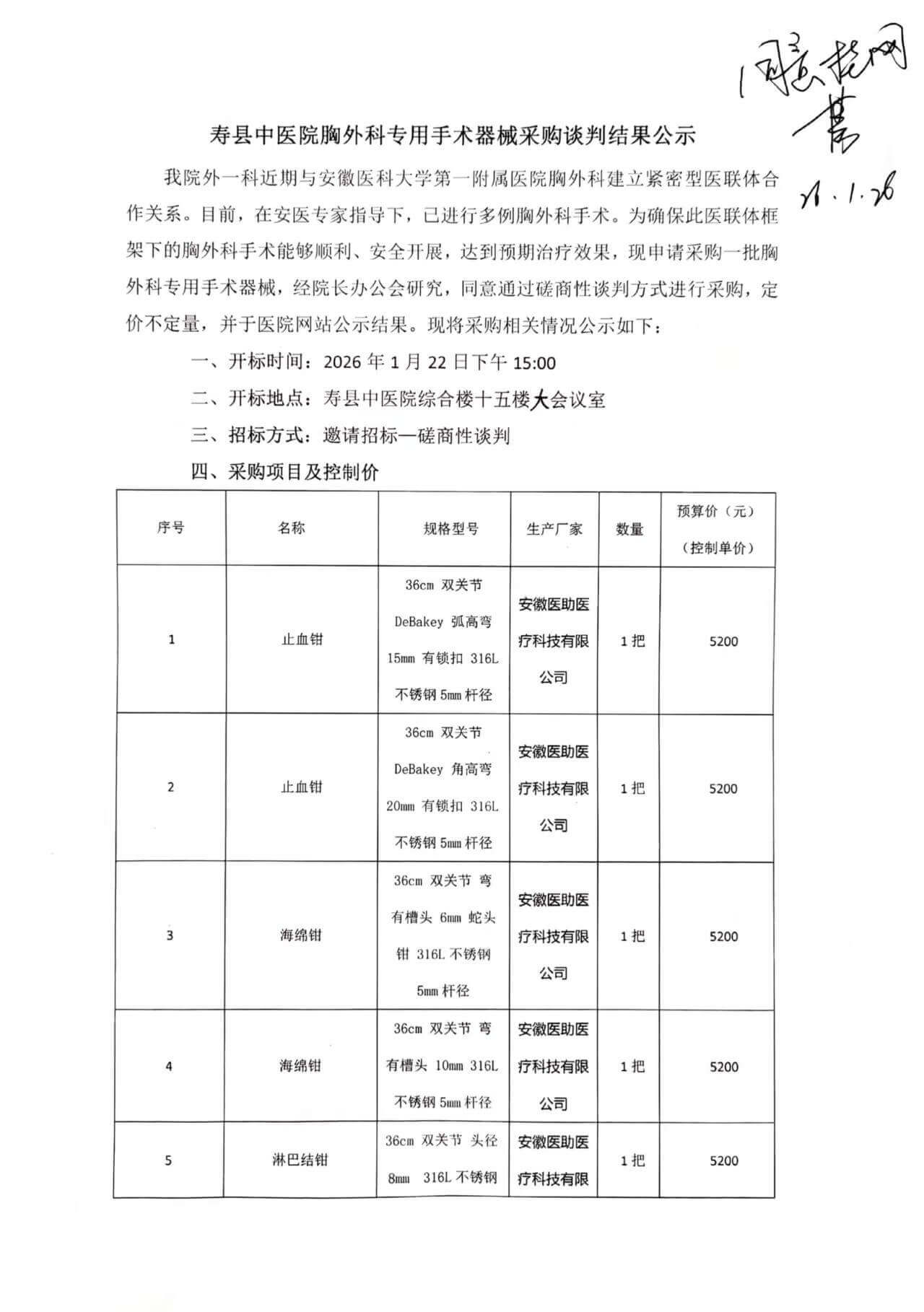 寿县中医院胸外科专用手术器械采购谈判结果公示